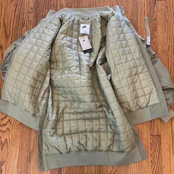 Nike NSW Therma Fit Oversized Bomber Puffer Jacket Quilted Satin Olive WOMEN S M - Picture 7 of 16